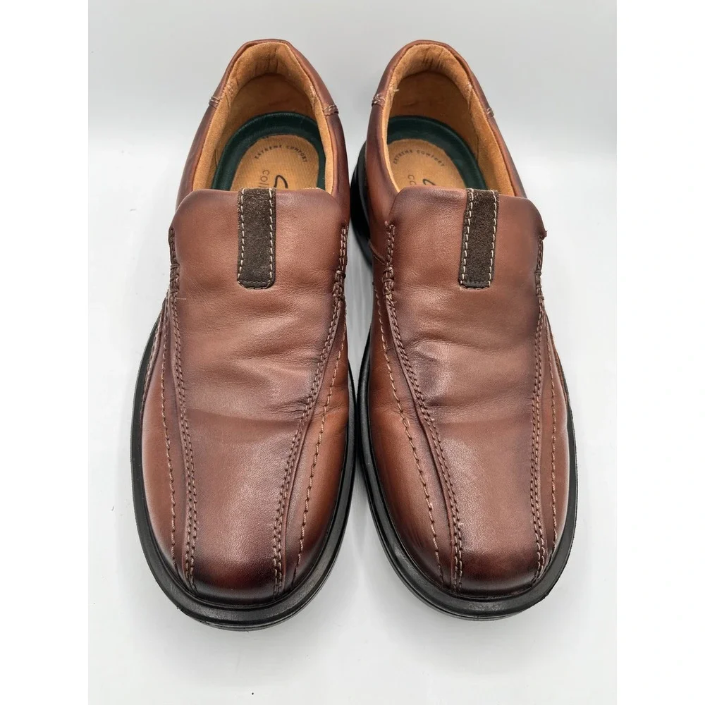 Clarks Men Brown Leather Slip On Loafers Extreme Comfort Bicycle Toe Sz 10M